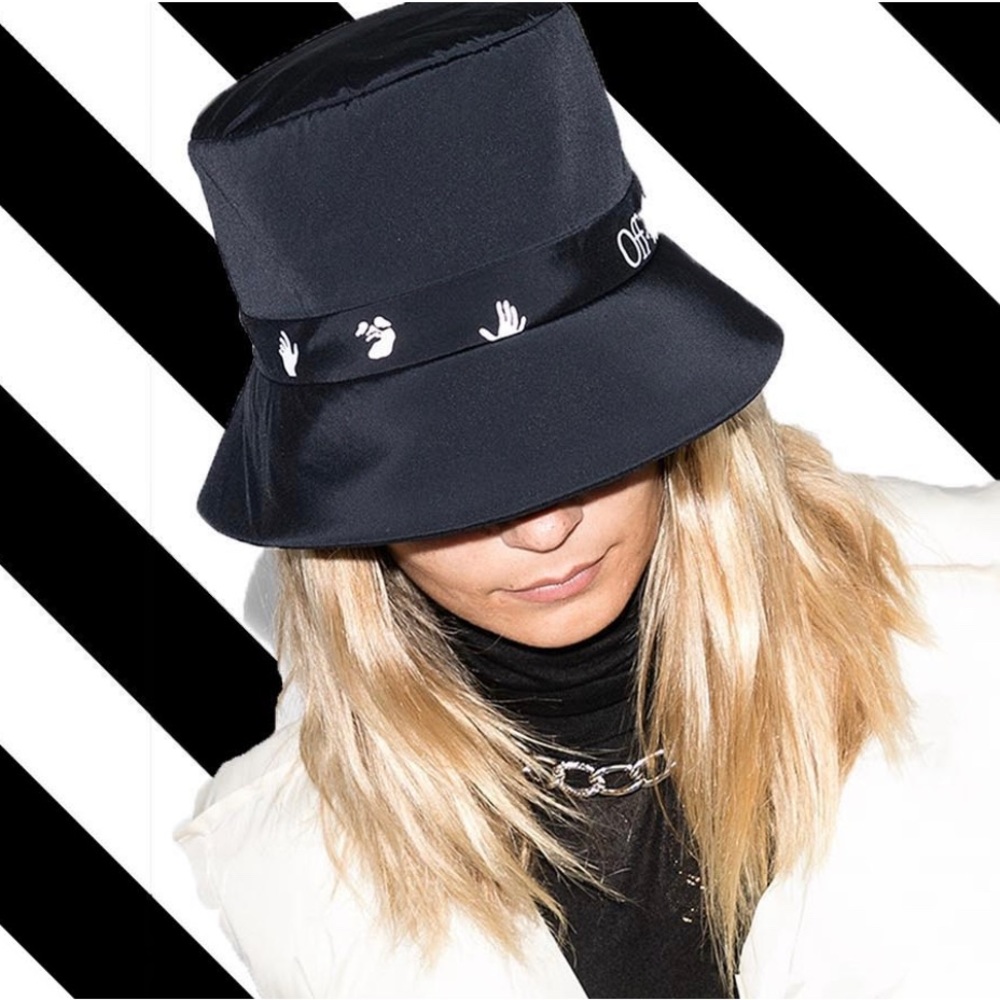 Off-White Black Satin Bucket Hat with Graphic Band